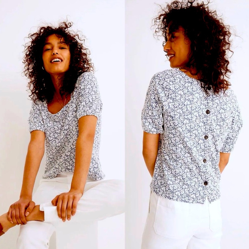 Madewell Floral Jacquard Button-Back Top Short Puff Sleeved Boxy Fit | Large